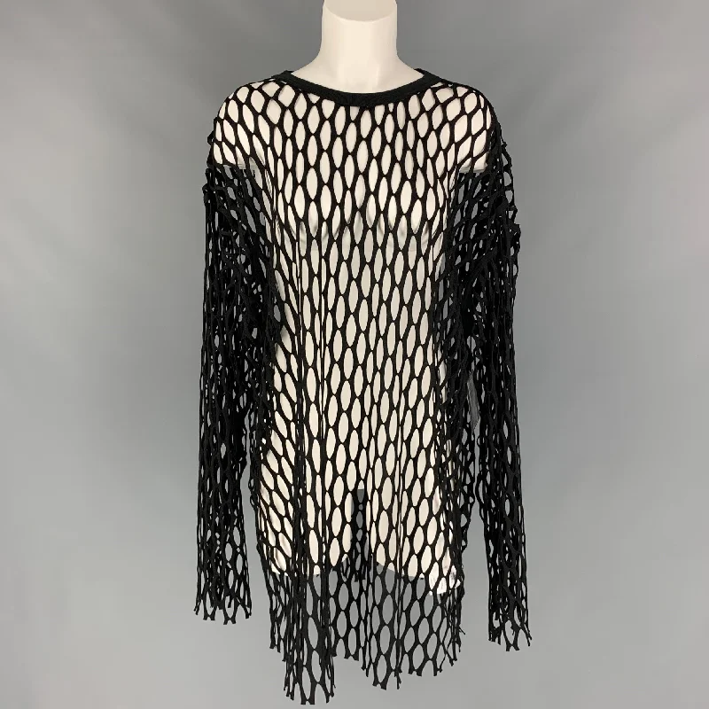 DRIES VAN NOTEN Spring-Summer 2021 Size M Black Polyester Mesh Crew-Neck Pullover Angora Wool Cozy