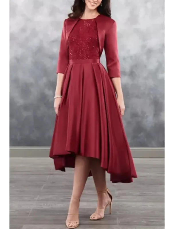Two Piece Hi Low Scoop Neck Satin Mother of Bride Dress, 3/4 Sleeve Coat Lapel Coat Peter Pan Collar Coat Cowl Neck Coat