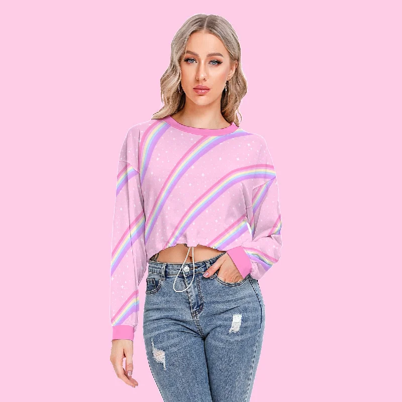 Kawaii Sparkle Cake Rainbow Beam Women's Crop Top Long Sleeve Sweatshirt With Hem Drawstring Sequined Glittery Shiny