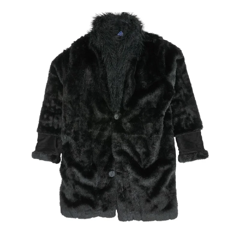 Black Solid Faux Fur Coat Trench Raincoat Windbreaker