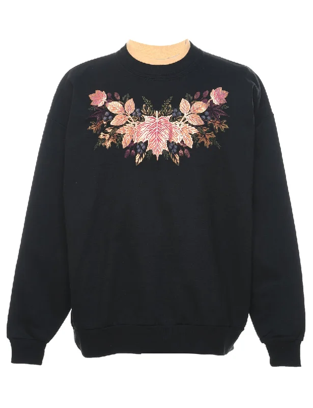 Black Printed Autumnal Sweatshirt - XL Hoodie with Hem Applique Textured Unique