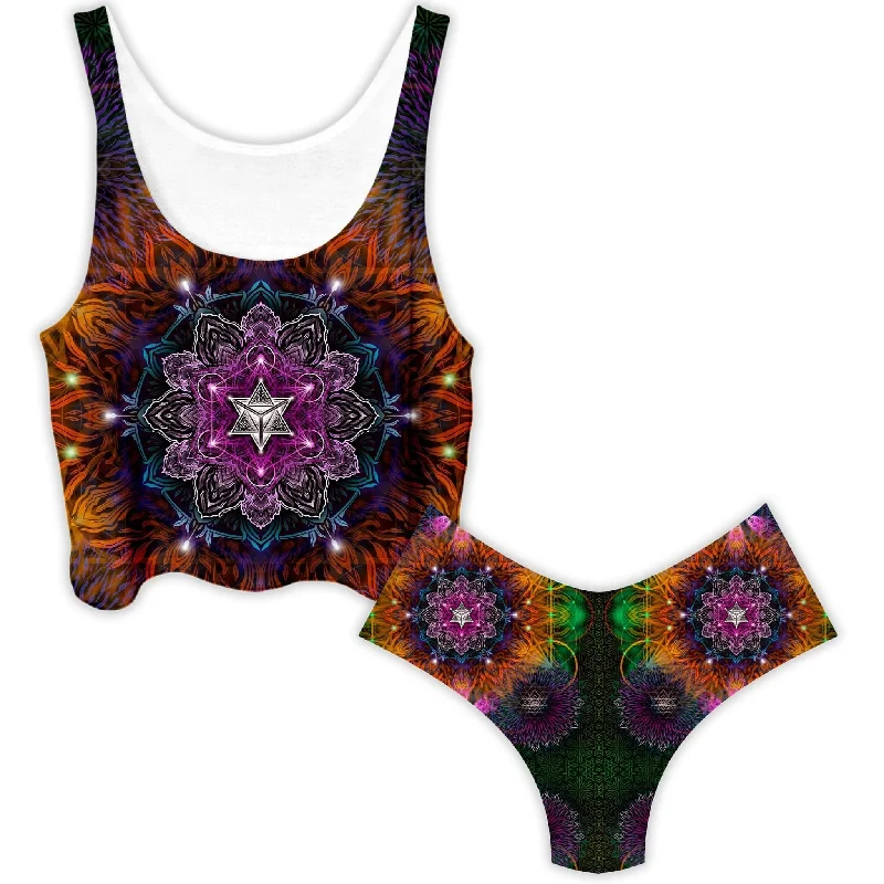 Geometric Vibes Crop Top and Booty Shorts Combo Notch Collar Peter Pan Collar Cowl Neck