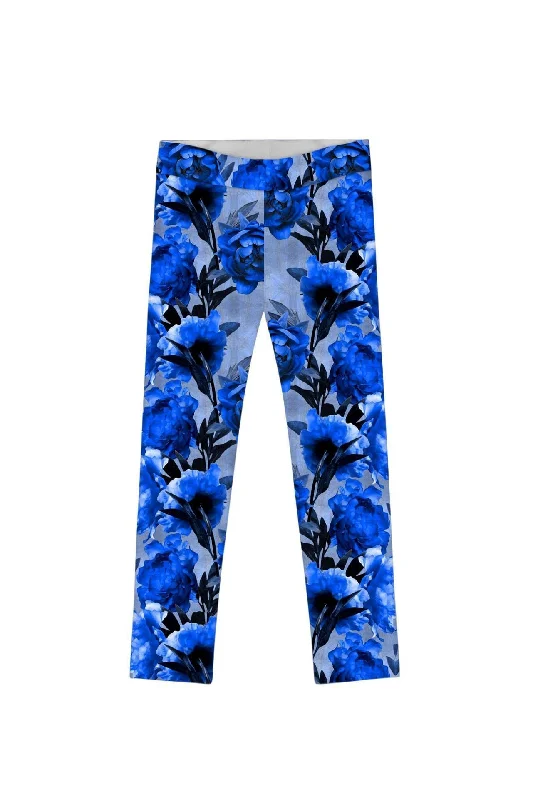 Mystery Lucy Cute Blue Floral Printed Knit Leggings - Girls Fashionable Stretchy Fit Leggings