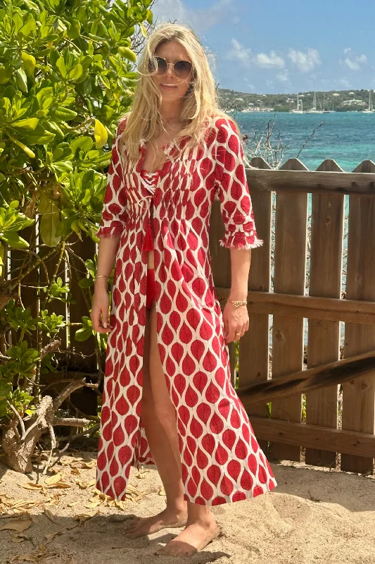 Cotton Annabel Maxi Coat in Red Leaf Collared Crew Neck Turtle Neck