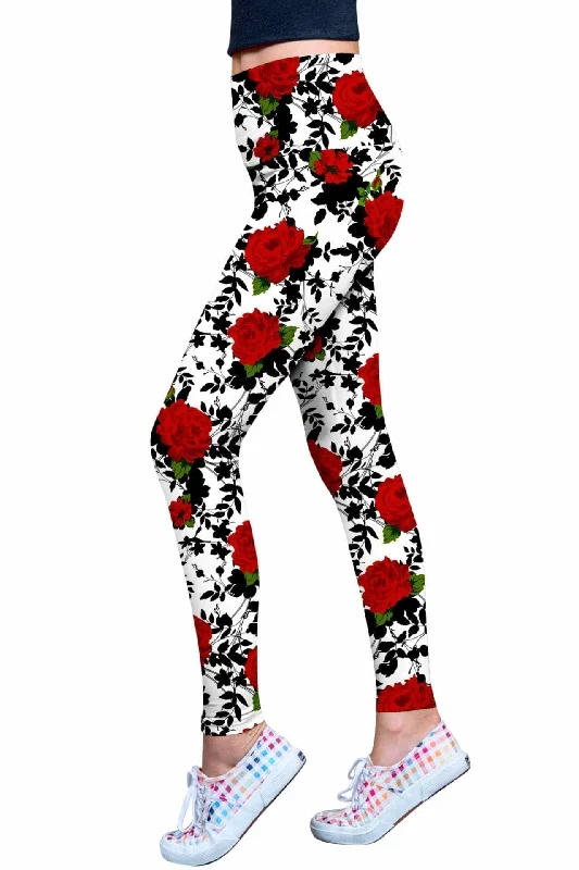 Queen Power Lucy White Floral Print Eco Leggings - Women Comfortable Workout Fitness Leggings