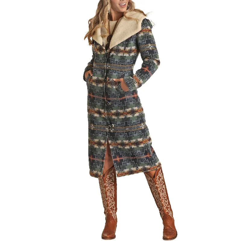 Powder River Outfitters Ladies Aztec Long Wool Indigo Coat DW92C01497 Houndstooth Jacket Shearling Jacket Fleece Jacket Powder River Outfitters Ladies Aztec Long Wool Indigo Coat DW92C01497 Houndstooth Jacket Shearling Jacket Fleece Jacket