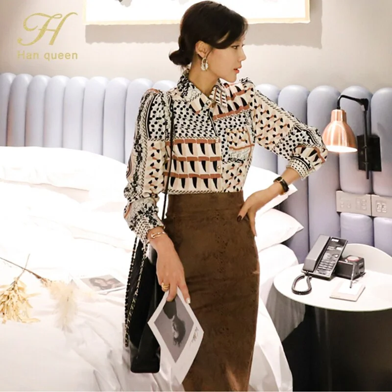 H Han Queen Women 2022 Autumn OL Work Wear 2 Pieces Set printing Vintage Crop Top & Sheath Pencil Skirt Korean Casual Skirt Suit Denim Fabric Leather Fabric Suede Fabric