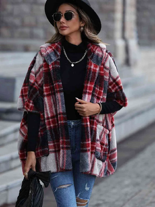 Petra Plaid Hooded Coat with Pockets Solid Print Jacquard