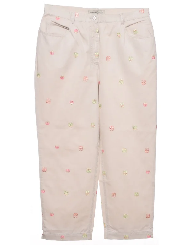Embroidered Beige Trousers - W33 L25 High Waist Slim Fit Ankle Length