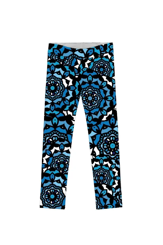 Kaleidoscope Lucy Cute Blue Geometric Print Leggings - Girls Trendy Sweat-Wicking Workout Leggings
