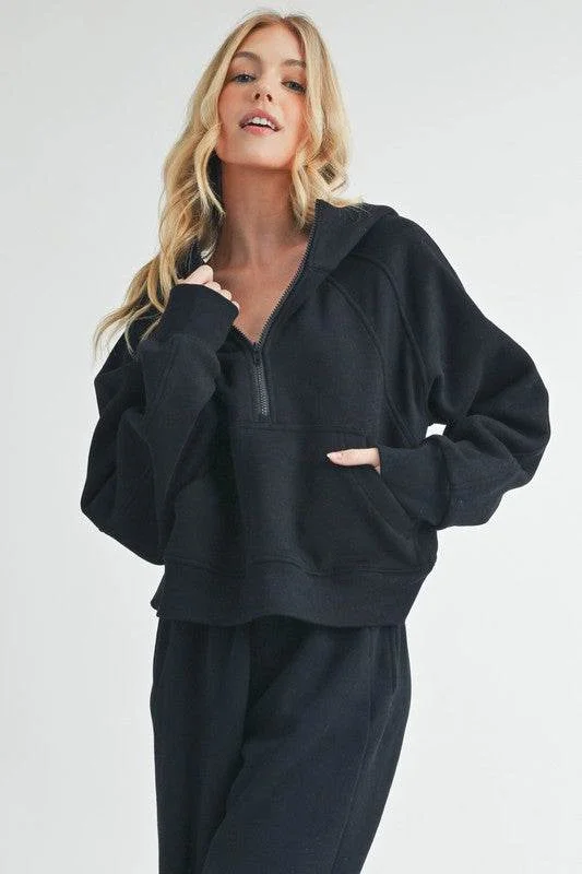 Aemi + Co Half Zip Raglan Sleeve Hoodie with Kangaroo Pocket in Black Hoodie with Button Placket Classic Preppy Aemi + Co Half Zip Raglan Sleeve Hoodie with Kangaroo Pocket in Black Hoodie with Button Placket Classic Preppy