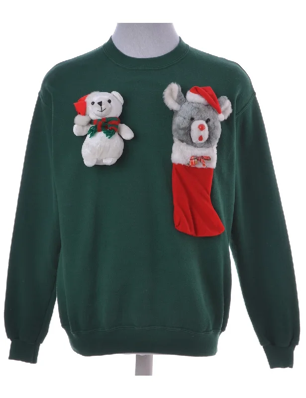 Dark Green Novelty Christmas Sweatshirt Hoodie with Sequins Glamorous Eye-catching
