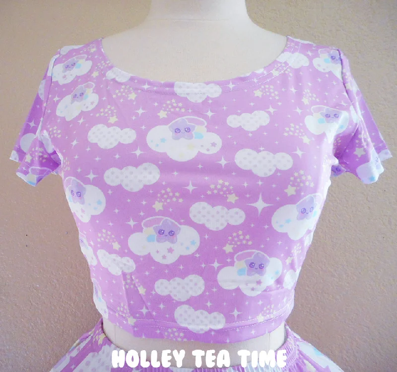 Shooting Star Clouds Pink Short Sleeve Crop Top [Made To Order] Nylon Fabric Polyester Fabric Spandex Fabric