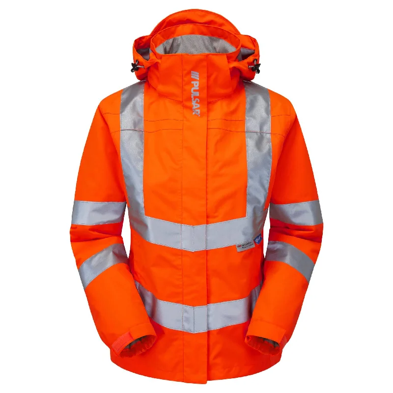 PULSAR PR705 Rail Spec Ladies Hi Vis Waterproof Storm Coat Print Jacquard Embroidered