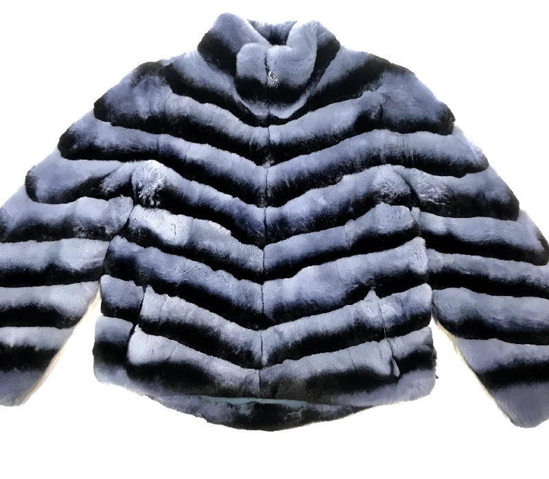 Kashani Ladies Blue Rex Rabbit Chinchilla Fur Coat Boat Neck Jacket Square Neck Jacket One-Shoulder Jacket Kashani Ladies Blue Rex Rabbit Chinchilla Fur Coat Boat Neck Jacket Square Neck Jacket One-Shoulder Jacket