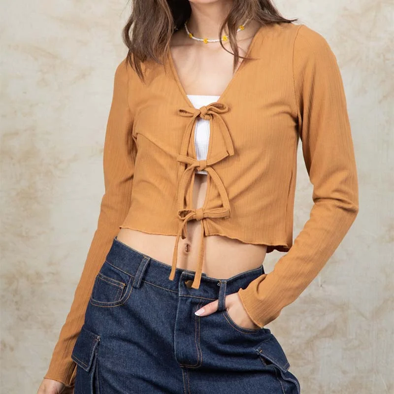 Tie Front Long Sleeve Crop Top Iron Safe Non-Iron Wrinkle Free