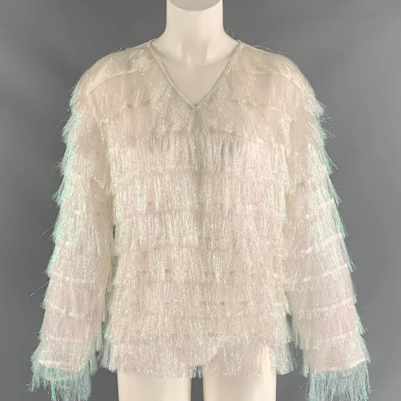 VIVIENNE HU Size 8 Iridescent White Polyester Fringe Pullover Textured Knit Design