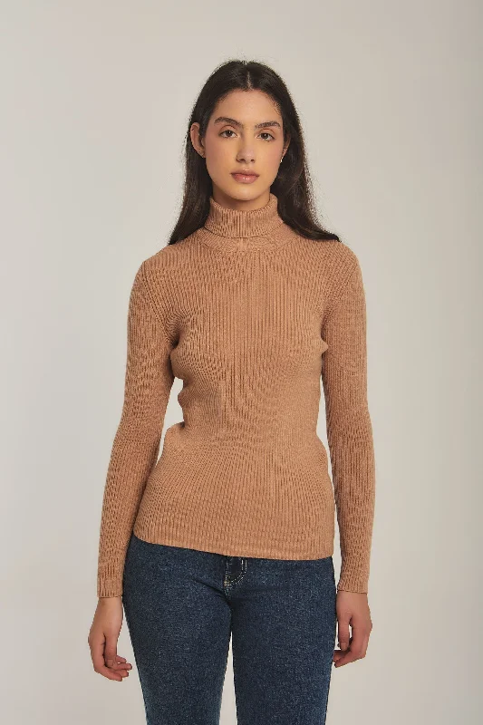 Women Pullover Basic High Neck Beige Chunky Knit Pullover