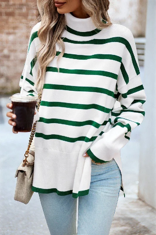 HIGH NECK STRIPE PATTERNED OVERSIZED PULLOVER Button Front Sweater