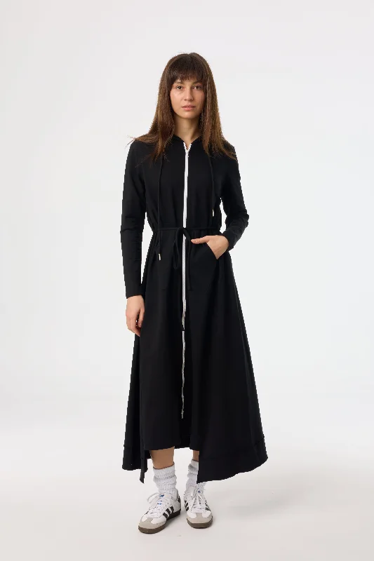 Black Maxi Sweatshirt Dress Hoodie with Half-Zip Sporty Casual