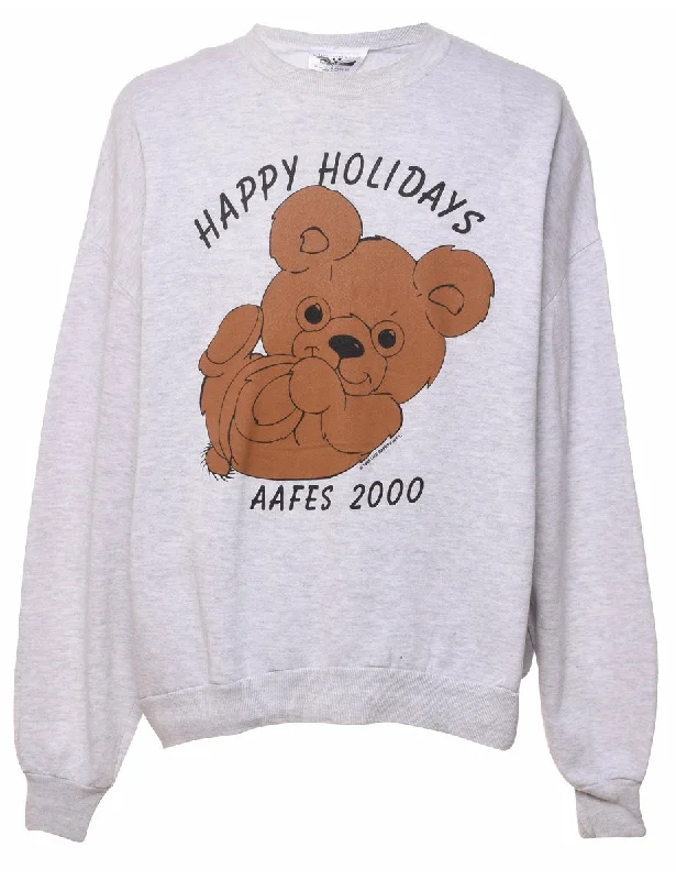 Marl Grey Happy Holidays Aafes 2000 Teady Bear Printed Sweatshirt - XXL Hoodie with Snap Buttons Easy Quick Marl Grey Happy Holidays Aafes 2000 Teady Bear Printed Sweatshirt - XXL Hoodie with Snap Buttons Easy Quick