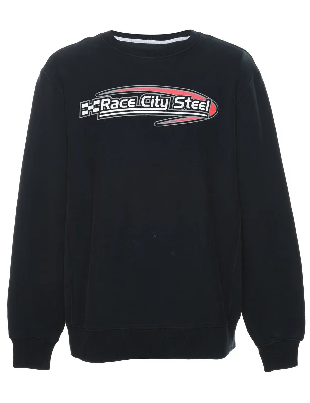 Black Race City Steel Black Printed Sweatshirt - L Hoodie with Hem Raw Edge Edgy Unfinished Black Race City Steel Black Printed Sweatshirt - L Hoodie with Hem Raw Edge Edgy Unfinished