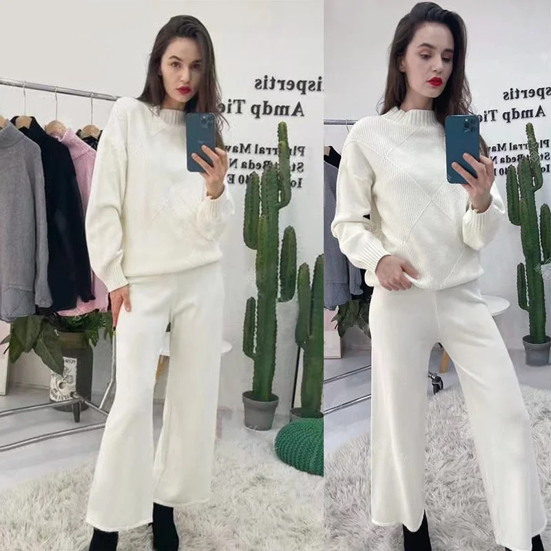 2021 Women Tracksuits Chic 2 Piece Set Knitted Solid Lounge Suit Cashmere Blend Pullover Sweater Wide Leg Pants Two Pieces Sets Plunging Neck Pullover 2021 Women Tracksuits Chic 2 Piece Set Knitted Solid Lounge Suit Cashmere Blend Pullover Sweater Wide Leg Pants Two Pieces Sets Plunging Neck Pullover
