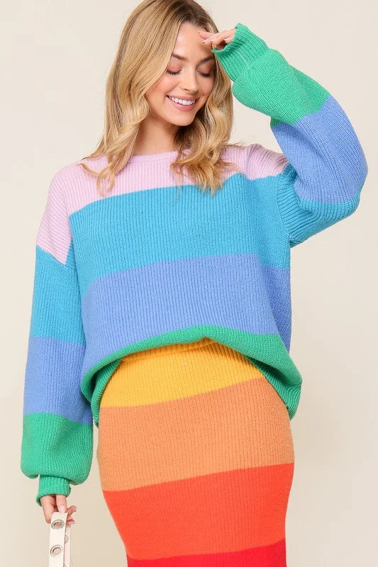 Bold Rainbow Stripe Oversized Chunky Knit Pullover Bishop Sleeve Elegant