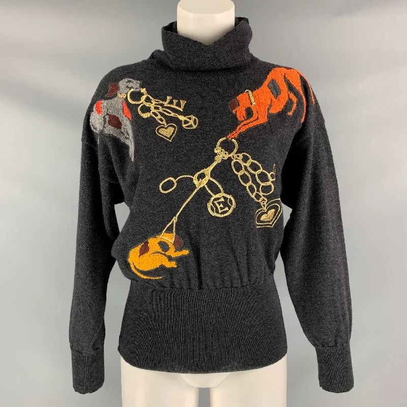 ESCADA Size 6 Charcoal Multicolour Wool Embroidered Turtleneck Pullover Jewel Neck Pullover ESCADA Size 6 Charcoal Multicolour Wool Embroidered Turtleneck Pullover Jewel Neck Pullover