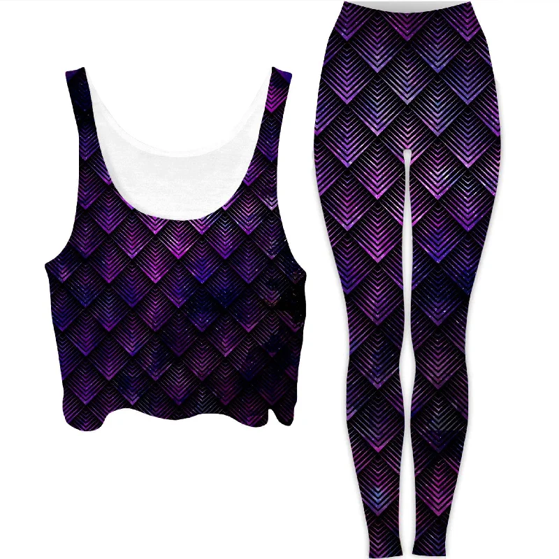 Galactic Dragon Scale Purple Crop Top and Leggings Combo Chenille Blend Fleece Blend Nylon Blend