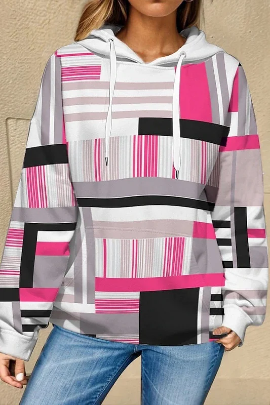 WOMEN GEOMETRY PATTERN DRAWSTRING PULLOVER HOODIE Boxy Neck Sweater