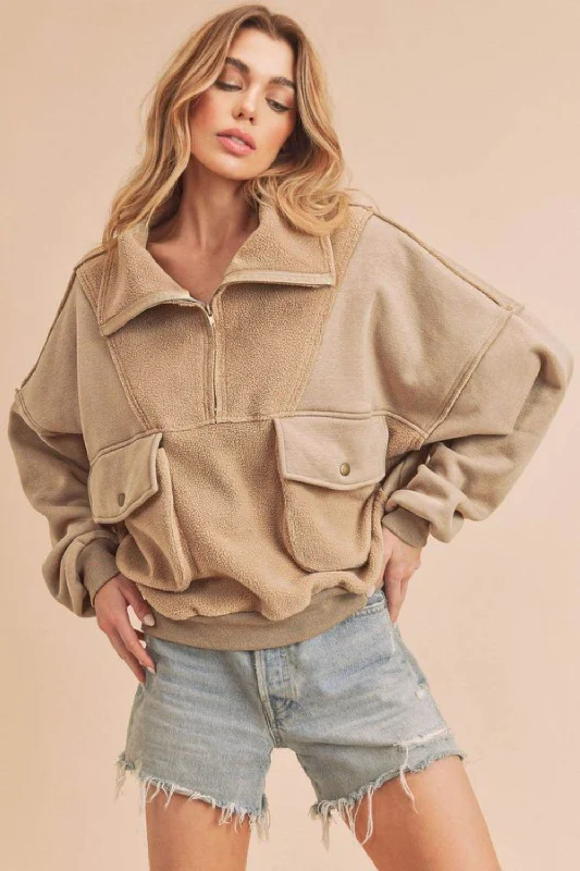 Aemi + Co Exposed Seam Half Zip Sweatshirt with Pockets in Oatmeal Hoodie with Cuffed Sleeves Snug Secure Aemi + Co Exposed Seam Half Zip Sweatshirt with Pockets in Oatmeal Hoodie with Cuffed Sleeves Snug Secure