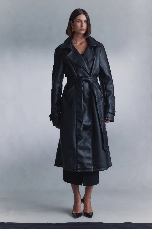 Tarah Faux Leather Trench Coat - Black Zip Front Button Front Snap Front