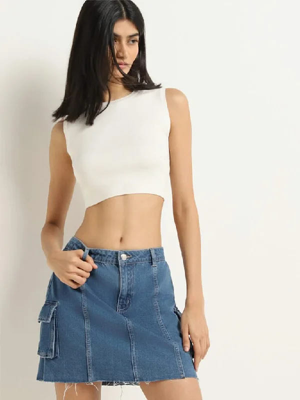 Nuon White Cotton Ribbed Crop Top Striped Floral Plaid