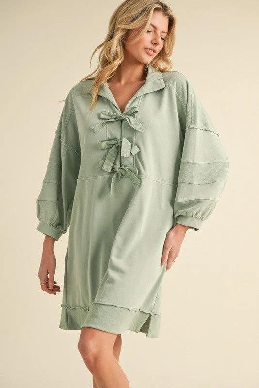 Sage bow sweatshirt dress Hoodie with Rolled Sleeves Casual Relaxed