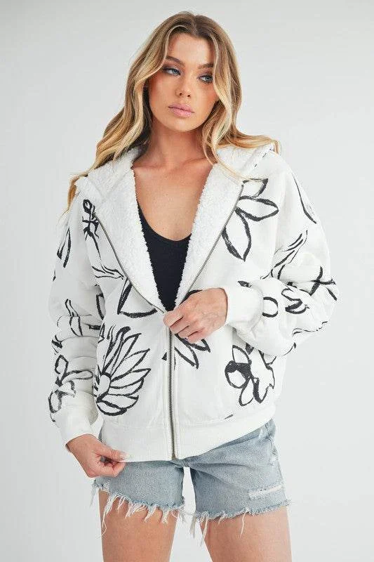 Aemi + Co Flower Print Zip Up Sherpa Hoodie Hoodie with Side Slits Relaxed Casual