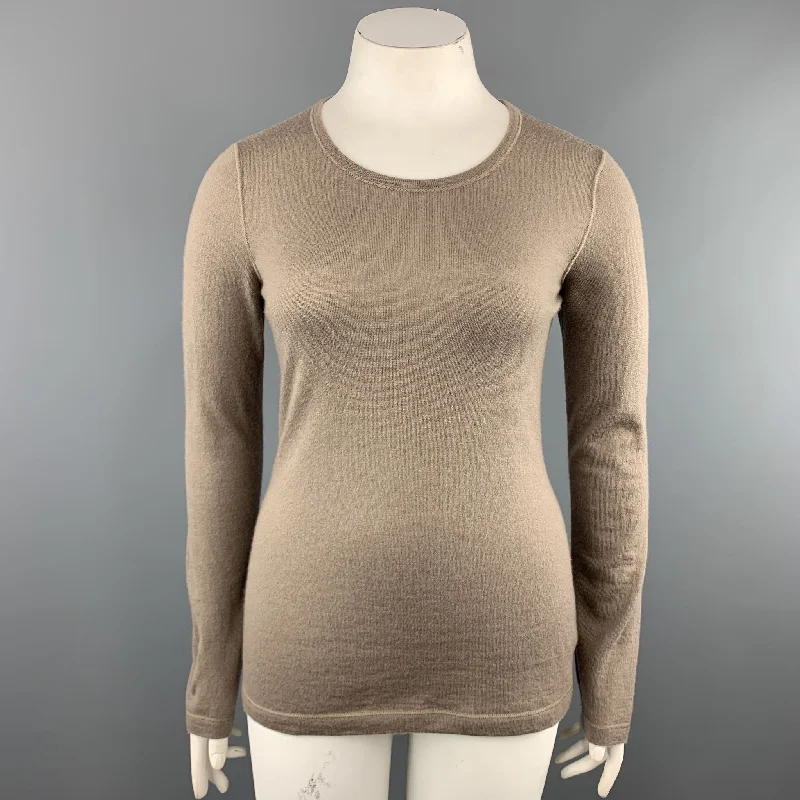 LORO PIANA Size 10 Taupe Beige Sheer Cashmere Knit Long Sleeve Pullover Blouson Sleeve Pullover LORO PIANA Size 10 Taupe Beige Sheer Cashmere Knit Long Sleeve Pullover Blouson Sleeve Pullover