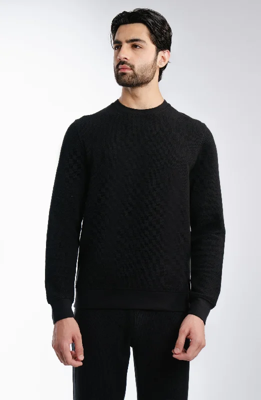 Flat Back Pique Sweatshirt - Black Hoodie with Cuffed Sleeves Snug Secure