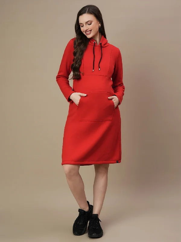 Red Maternity Hoodie Dress - Winter Hoodie with Back Slit Movement Comfort