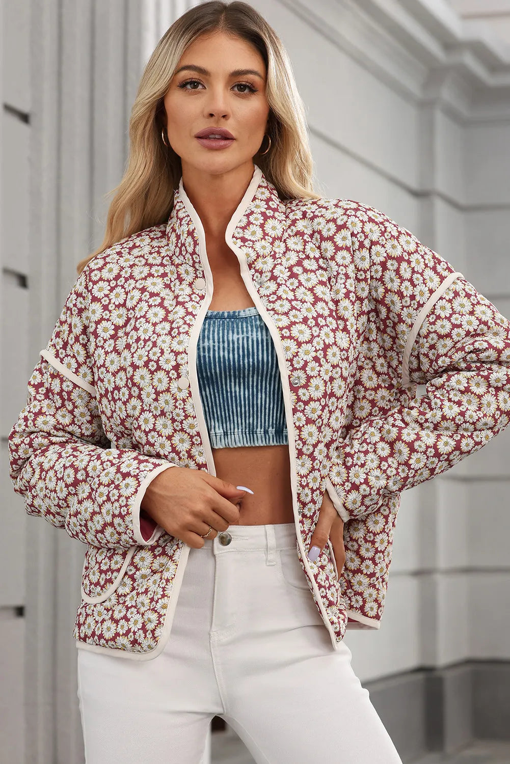 Blue Zone Planet |  Floral Snap Down Mock Neck Coat Herringbone Houndstooth Plaid