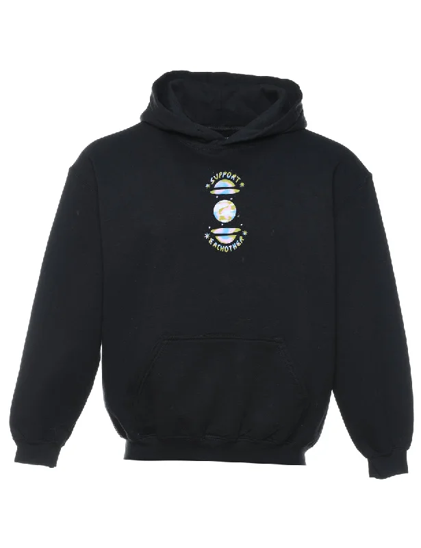 Black Support Eachother Printed Hoodie - M Hoodie with Hem Frayed Vintage Worn