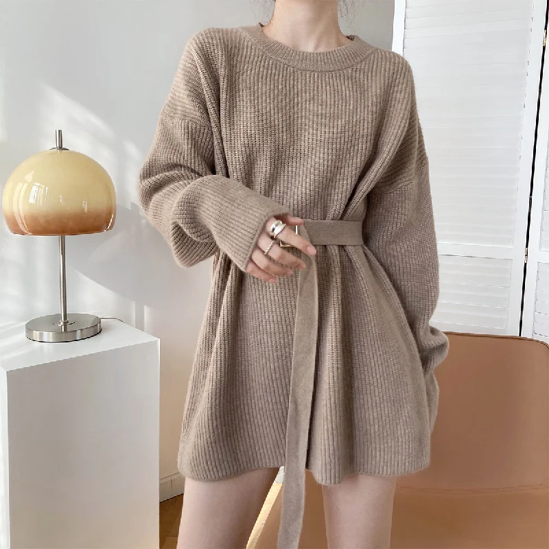 Mid Length Autumn and Winter Dress Sweater Pullover Thickened Lazy Waist-Tight round Neck Base Knitted Dress Sabrina Neck Pullover Mid Length Autumn and Winter Dress Sweater Pullover Thickened Lazy Waist-Tight round Neck Base Knitted Dress Sabrina Neck Pullover