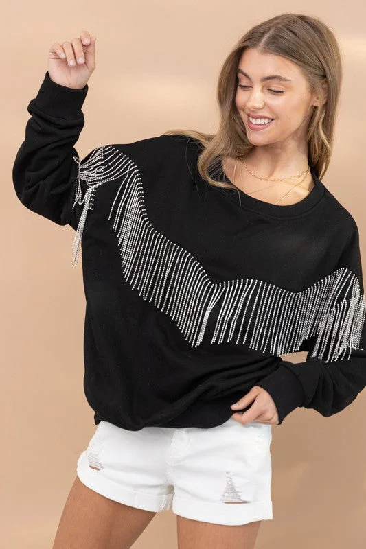 Rhinestone Fringe Pullover Top Cowl Neck Pullover