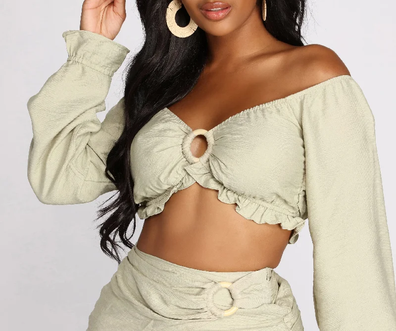 Endless Summer O-Ring Ruffle Hem Crop Top Striped Floral Plaid