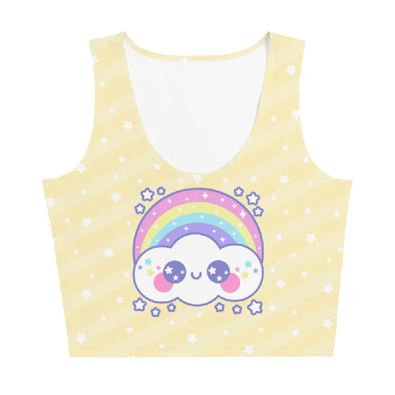 Happy Rainbow Cloud Yellow Crop Top Boxy Fit Fitted Loose
