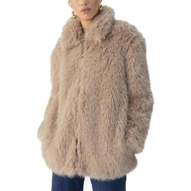 Sanctuary Womens Faux Fur Faux Fur Coat Embroidered Appliqued Beaded