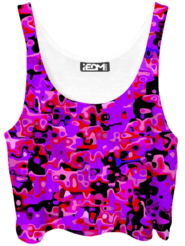 Purple Red and Black Rave Camo Melt Crop Top Houndstooth Herringbone Solid