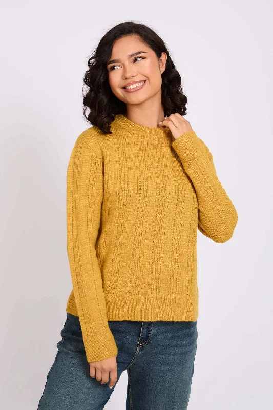 Women Pullover Regular Destroyed Yellow High Neck Pullover