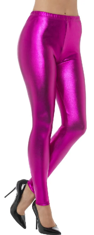 80s Pink Metallic Disco Leggings for Ladies Elegant Shiny Black Leggings