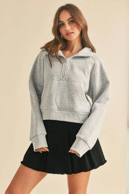Aemi + Co Half Zip Raglan Sleeve Hoodie with Kangaroo Pocket in Light Gray Hoodie with Relaxed Fit Easy Casual Aemi + Co Half Zip Raglan Sleeve Hoodie with Kangaroo Pocket in Light Gray Hoodie with Relaxed Fit Easy Casual